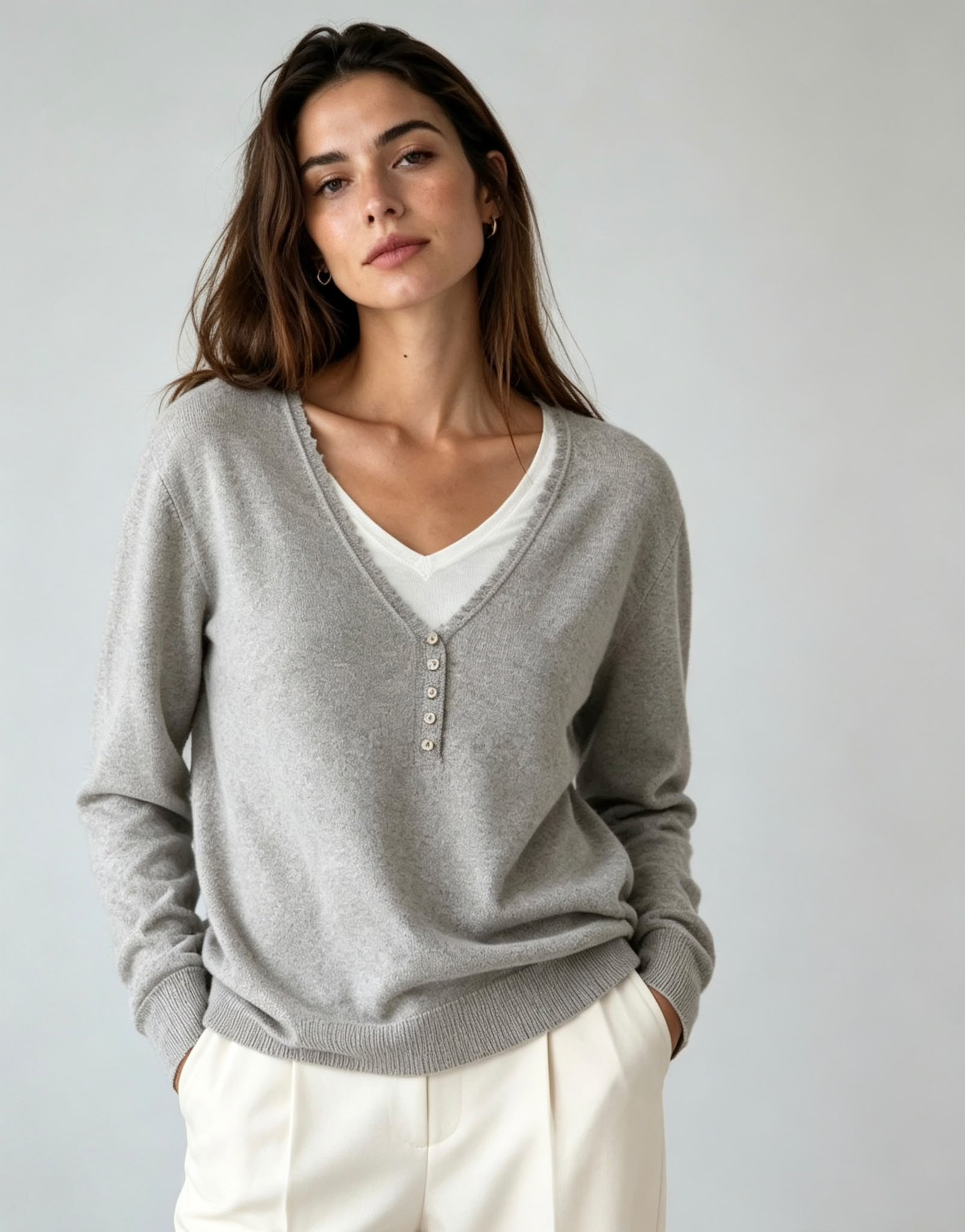 Jersey de Punto con Cuello En V y Botones