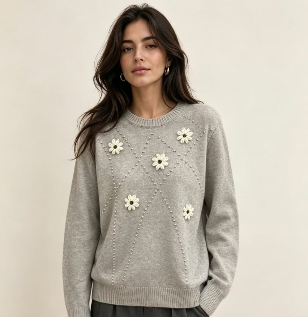 Jersey de Punto con Bordados de Flores