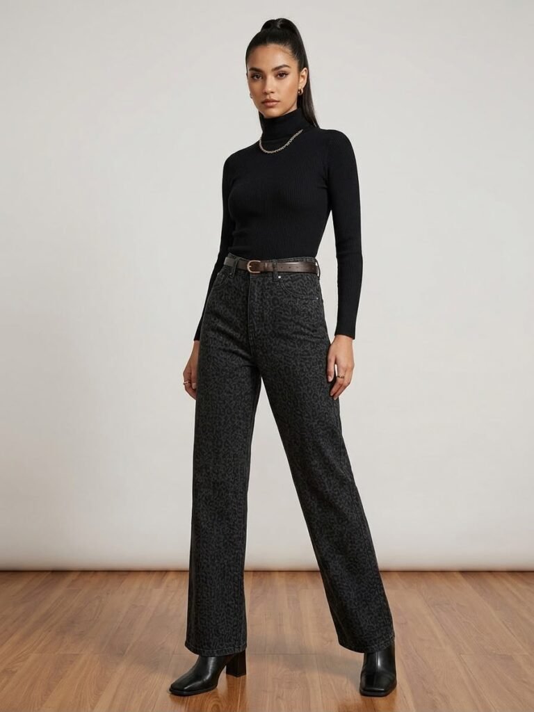 Pantalón Vaquero Animal Print Leopardo en Tono Negro