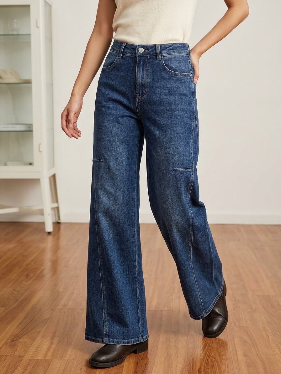 Pantalón Vaquero Wide Leg con Costura Frontal
