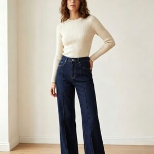 Pantalón Vaquero Wide Leg Azul Oscuro con Costura Delantera