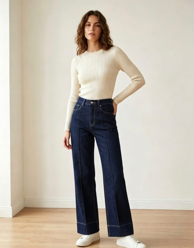Pantalón Vaquero Wide Leg Azul Oscuro con Costura Delantera