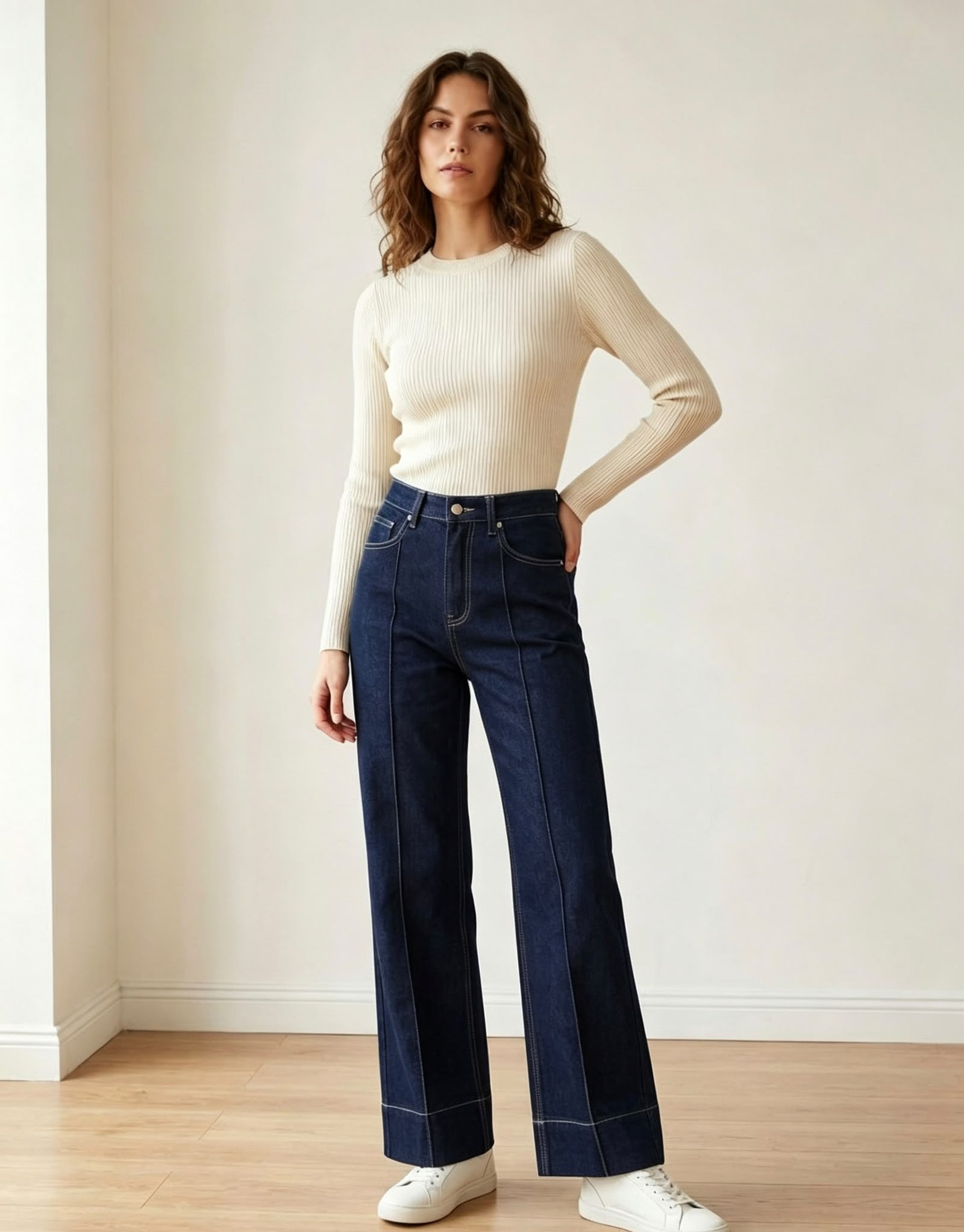 Pantalón Vaquero Wide Leg Azul Oscuro con Costura Delantera